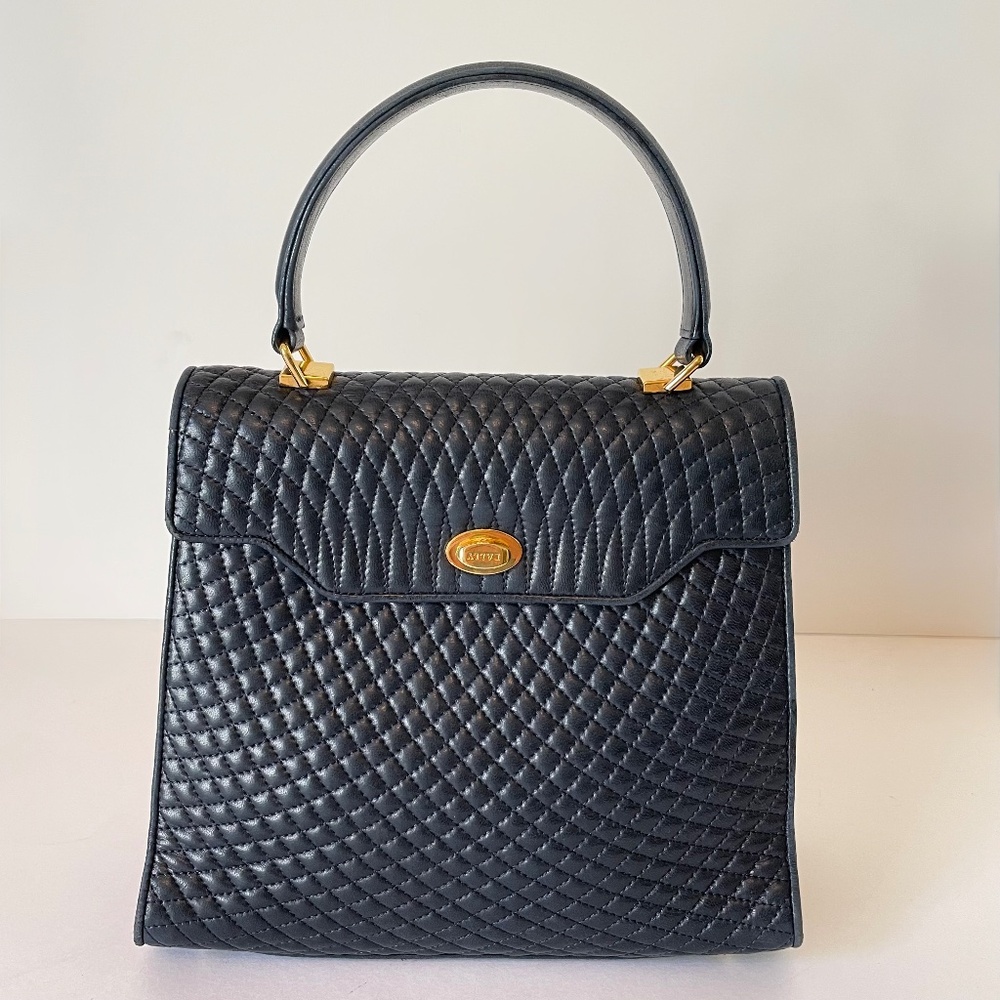 Bally Quilted Leather Top Handle Bag Dark Navy Blue